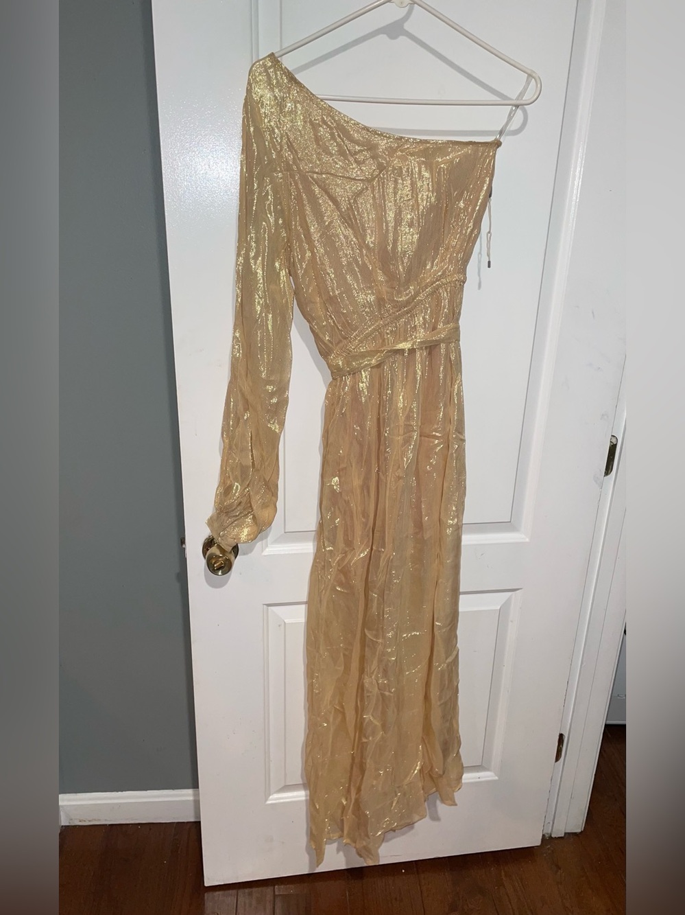 New! Sundress Doris  Belted One-Shoulder Shimmer Midi Dress in Gold 🌟 Small Tall - Picture 14 of 16